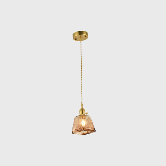 Brass Shaded Drop Pendant Vintage Handmade Tan Glass 1-Bulb Living Room Pendulum Light