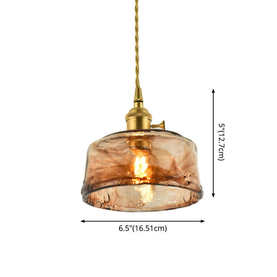 Brass Shaded Drop Pendant Vintage Handmade Tan Glass 1-Bulb Living Room Pendulum Light