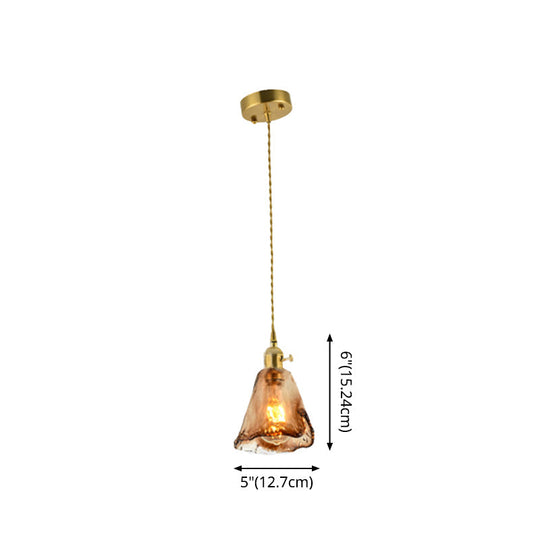 Brass Shaded Drop Pendant Vintage Handmade Tan Glass 1-Bulb Living Room Pendulum Light