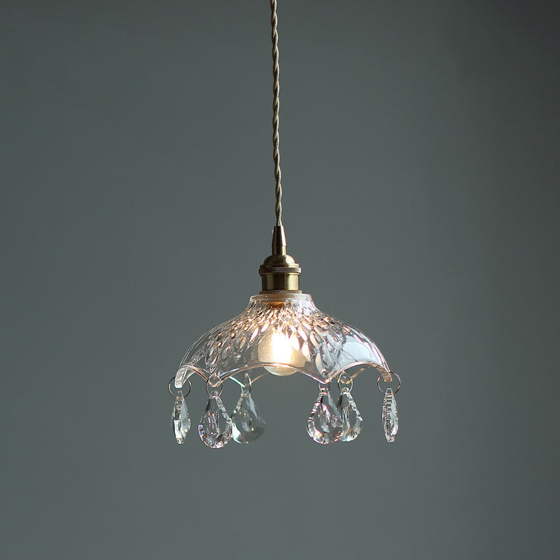 Vintage Brass Ceiling Pendant Light With Clear Glass Flower Design And Teardrop Crystals