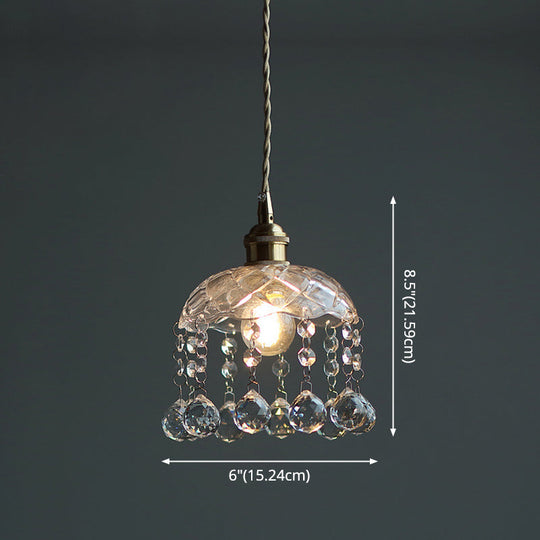 Vintage Brass Ceiling Pendant Light With Clear Glass Flower Design And Teardrop Crystals