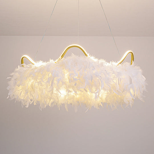 Minimalist Feather White Crown Led Chandelier - Ideal For Kids Bedroom Hanging Light