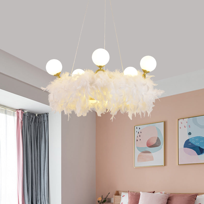 Nordic Gold And White Feather Crown Chandelier For Girls Room - Elegant Suspension Lighting 5 /