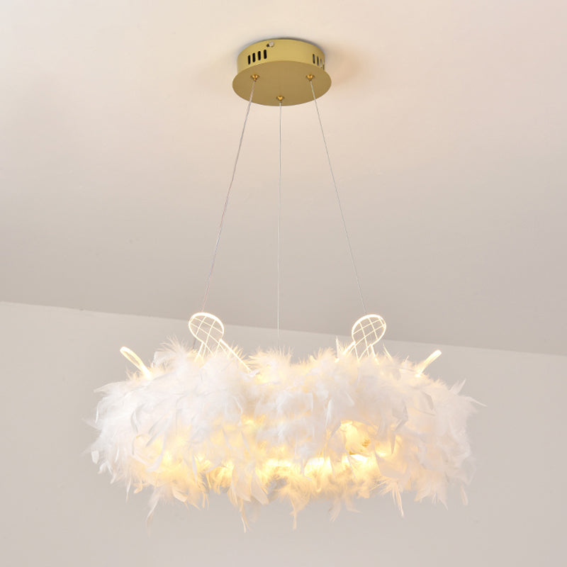 Nordic Gold And White Feather Crown Chandelier For Girls Room - Elegant Suspension Lighting 1 /