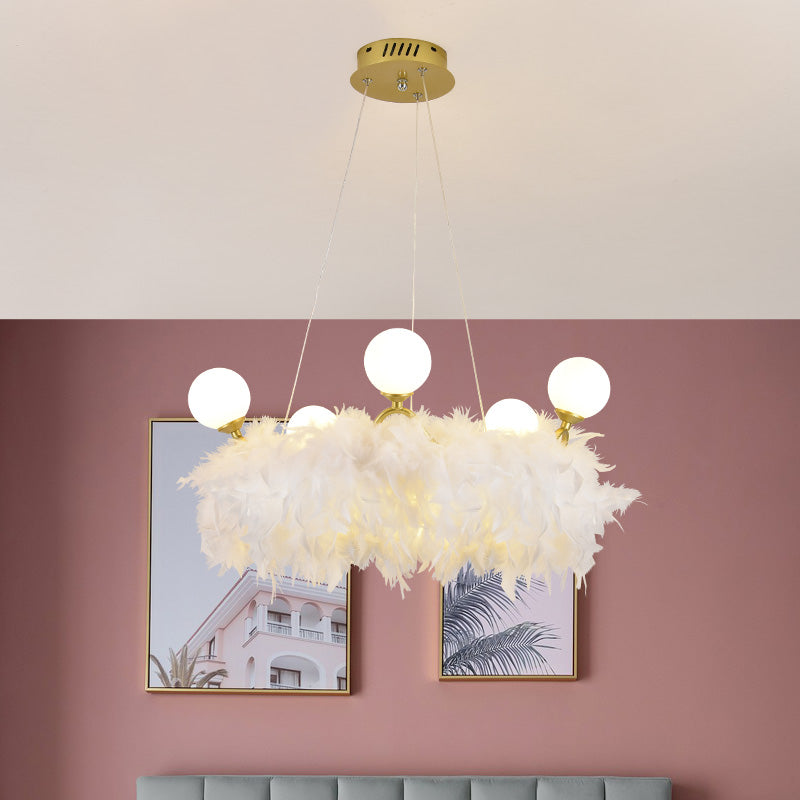 Nordic Gold And White Feather Crown Chandelier For Girls Room - Elegant Suspension Lighting