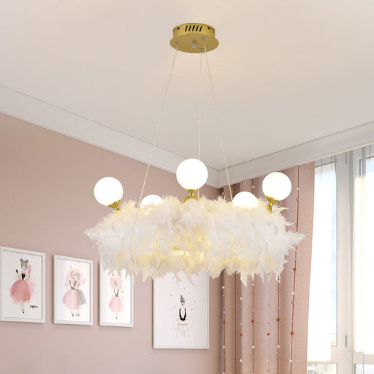 Nordic Gold And White Feather Crown Chandelier For Girls Room - Elegant Suspension Lighting