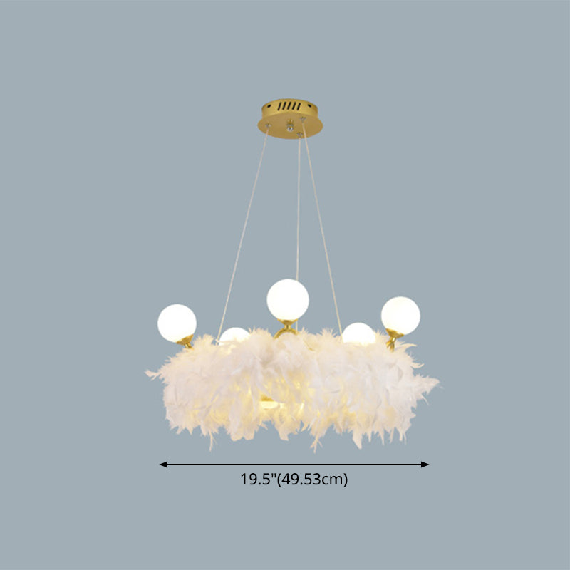 Nordic Gold And White Feather Crown Chandelier For Girls Room - Elegant Suspension Lighting