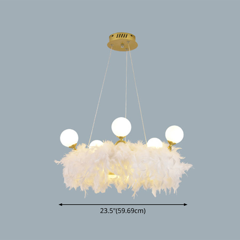 Nordic Gold And White Feather Crown Chandelier For Girls Room - Elegant Suspension Lighting