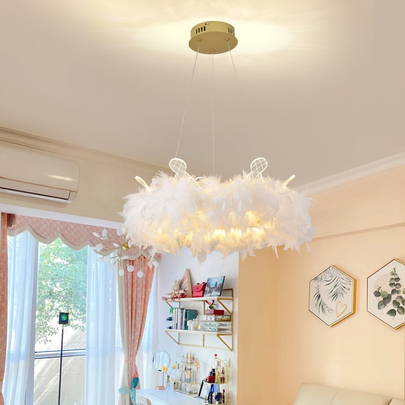 Nordic Gold And White Feather Crown Chandelier For Girls Room - Elegant Suspension Lighting