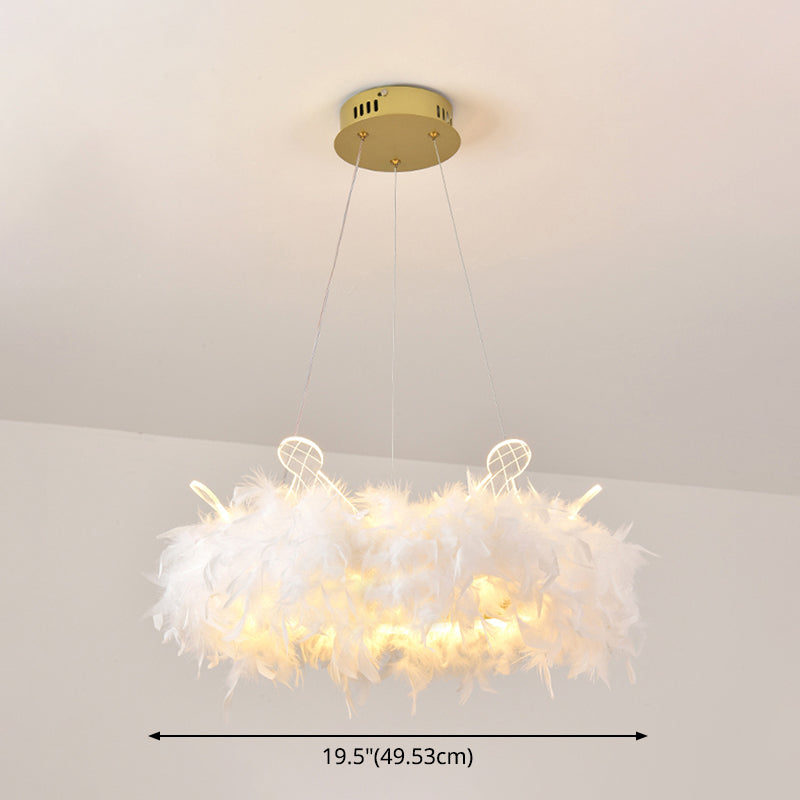 Nordic Gold And White Feather Crown Chandelier For Girls Room - Elegant Suspension Lighting