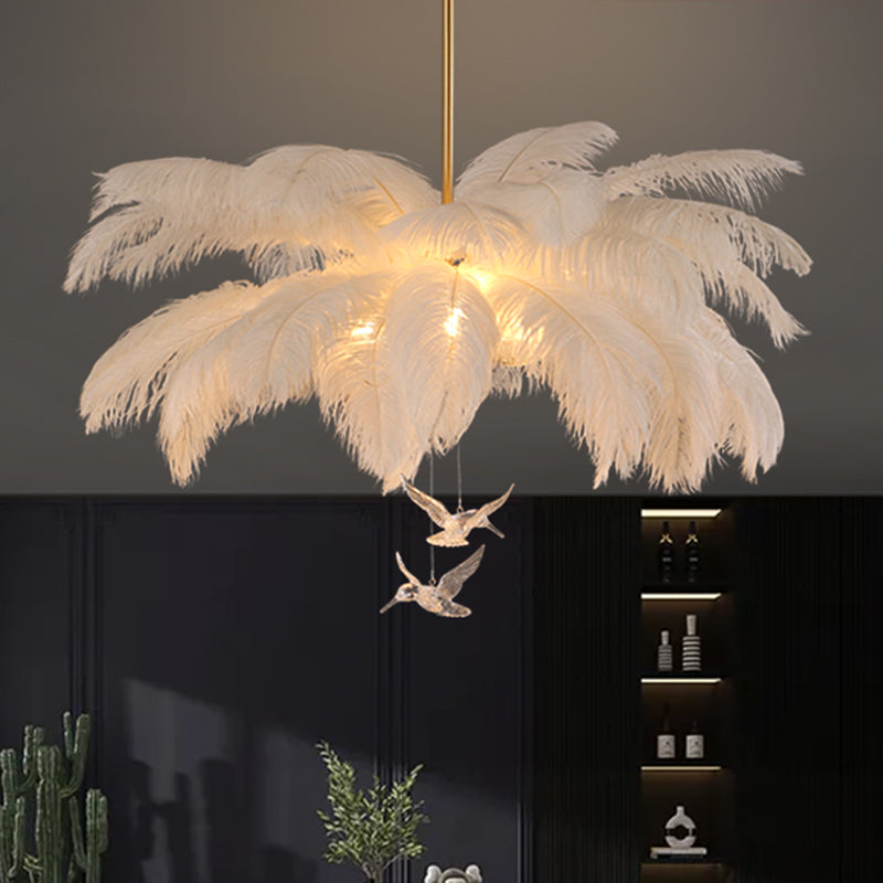 Palm Tree Hanging Light - Feather Nordic Style Chandelier For Living Room In Elegant White