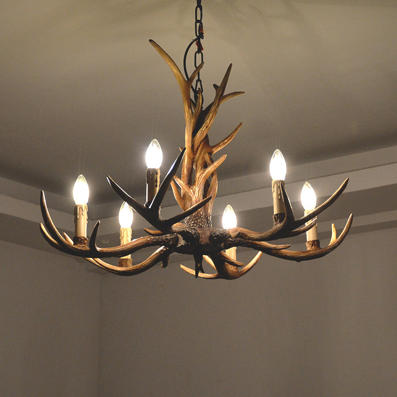 Rustic Brown Resin Antler Chandelier Ceiling Light With Candle Design - Authentic Look