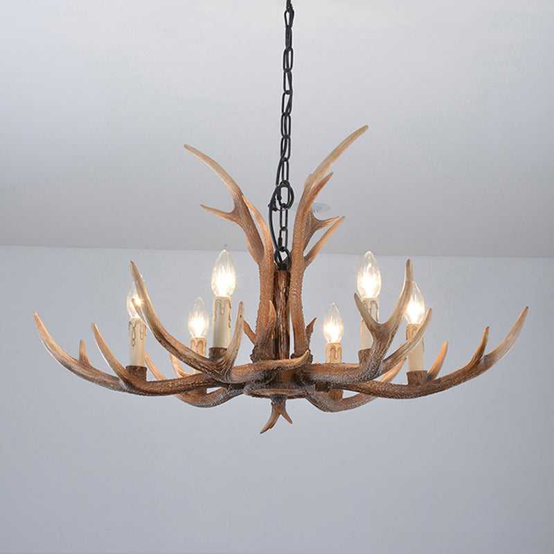 Rustic Brown Resin Antler Chandelier Ceiling Light With Candle Design - Authentic Look