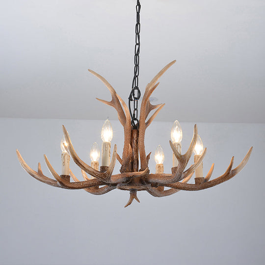 Rustic Brown Resin Antler Chandelier Ceiling Light With Candle Design - Authentic Look