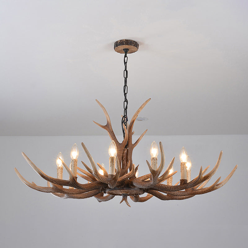 Rustic Brown Resin Antler Chandelier Ceiling Light With Candle Design - Authentic Look