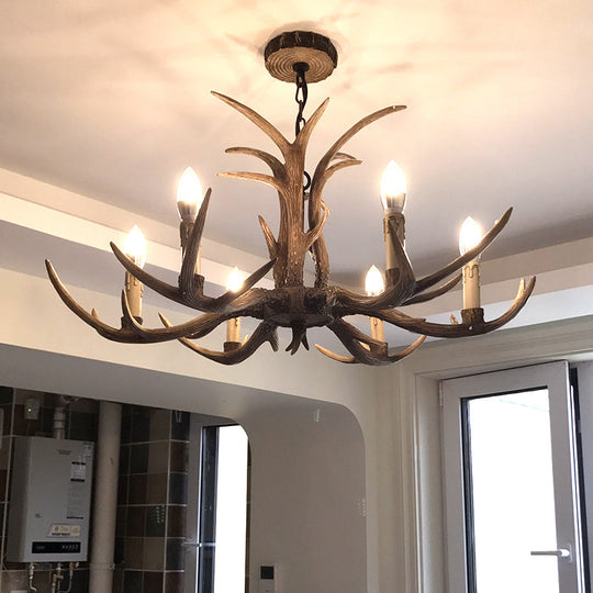 Rustic Brown Resin Antler Chandelier Ceiling Light With Candle Design - Authentic Look