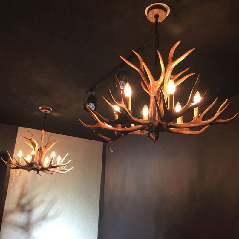 Rustic Brown Resin Antler Chandelier Ceiling Light With Candle Design - Authentic Look