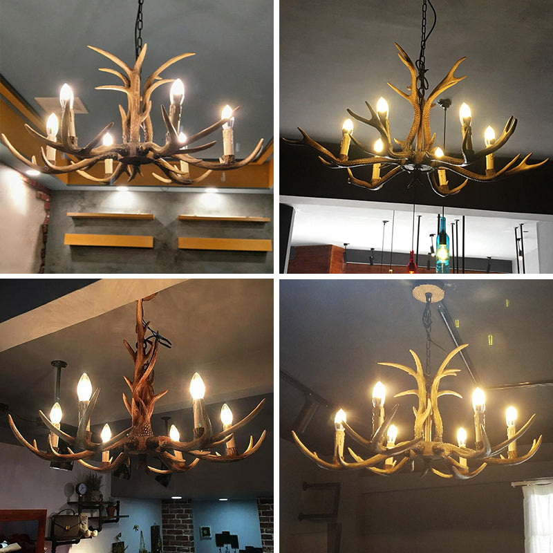 Rustic Brown Resin Antler Chandelier Ceiling Light With Candle Design - Authentic Look