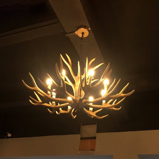 Rustic Brown Resin Antler Chandelier Ceiling Light With Candle Design - Authentic Look