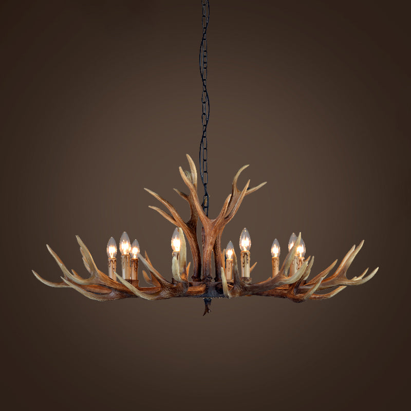 Rustic Brown Resin Antler Chandelier Ceiling Light With Candle Design - Authentic Look