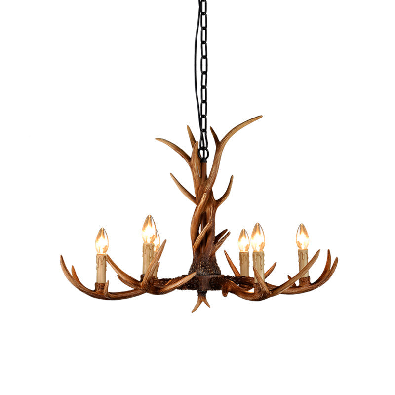 Rustic Brown Resin Antler Chandelier Ceiling Light With Candle Design - Authentic Look