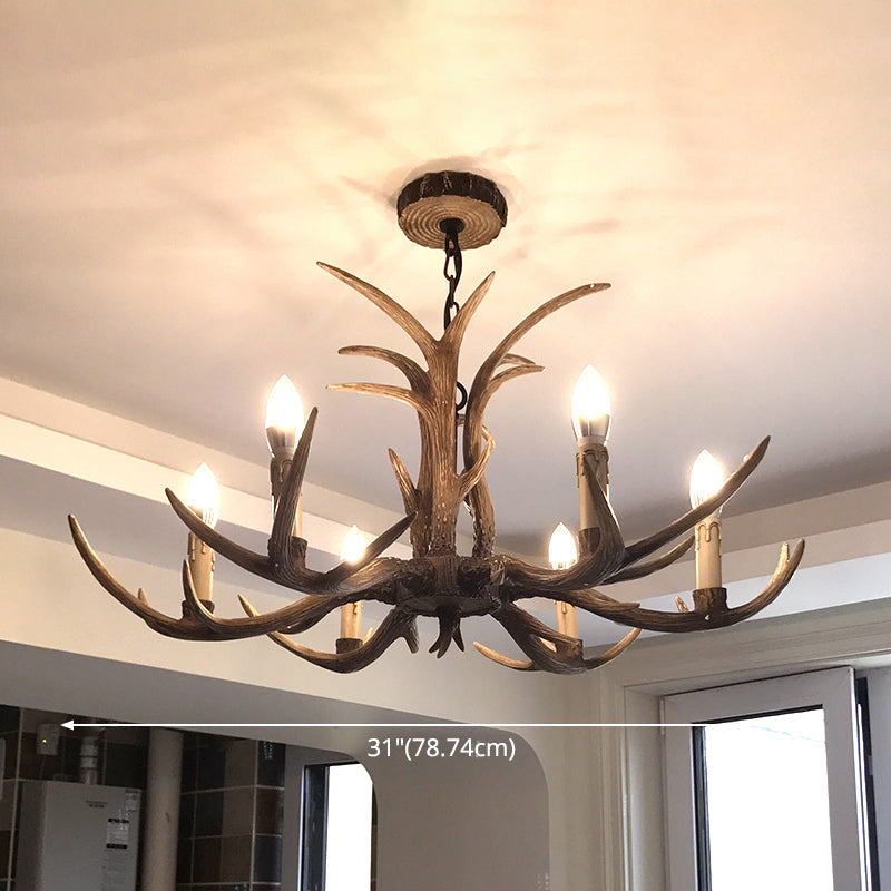 Rustic Brown Resin Antler Chandelier Ceiling Light With Candle Design - Authentic Look