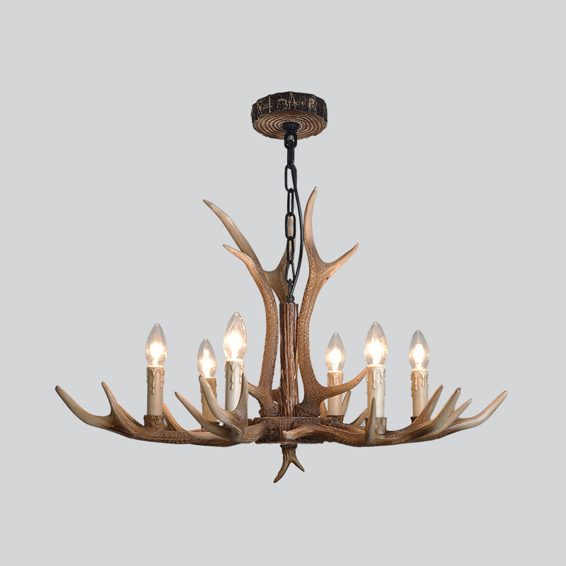 Rustic Brown Resin Antler Chandelier Ceiling Light With Candle Design - Authentic Look