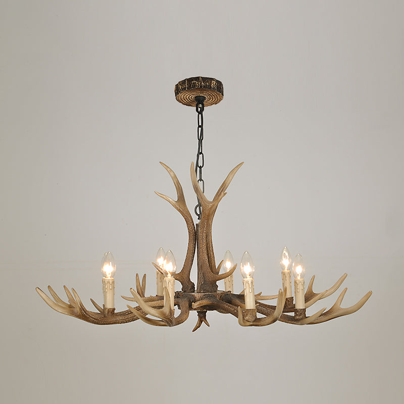 Rustic Brown Resin Antler Chandelier Ceiling Light With Candle Design - Authentic Look