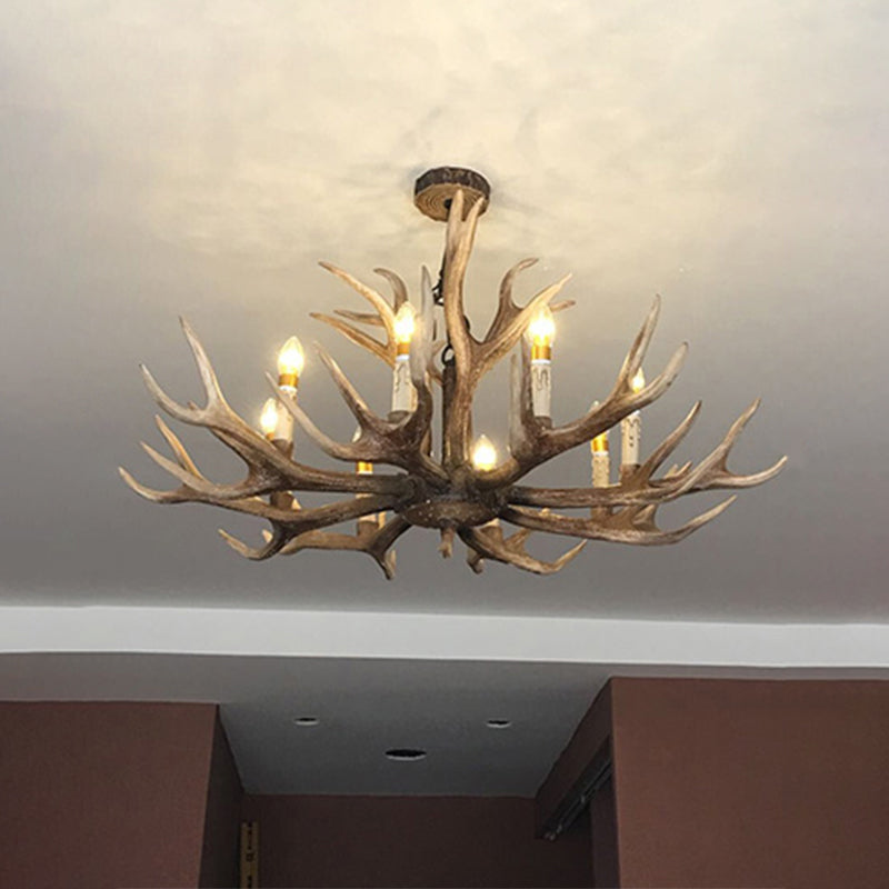 Rustic Brown Resin Antler Chandelier Ceiling Light With Candle Design - Authentic Look