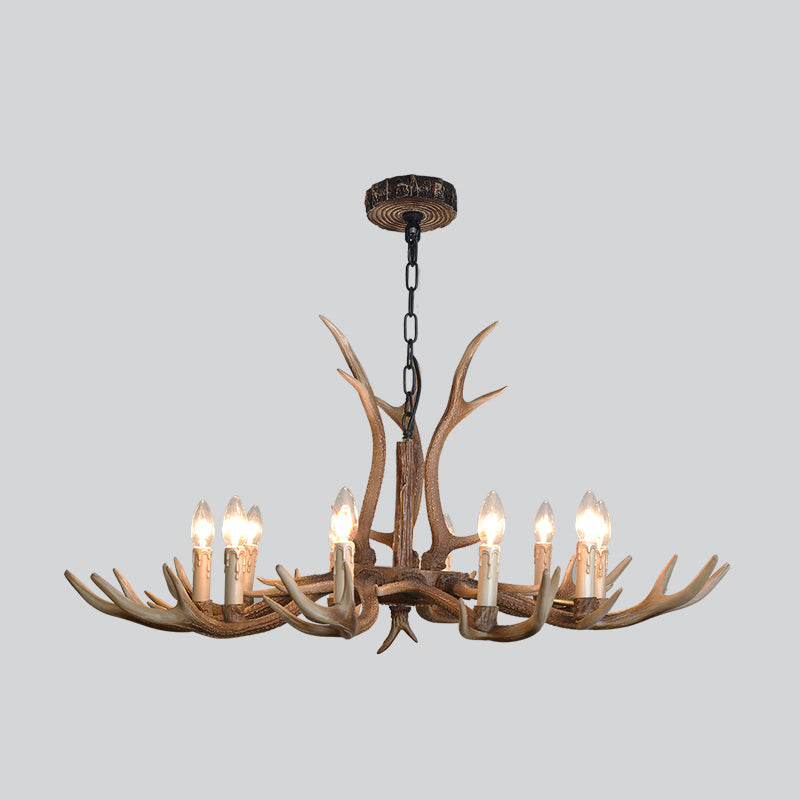 Rustic Brown Resin Antler Chandelier Ceiling Light With Candle Design - Authentic Look 10 / C