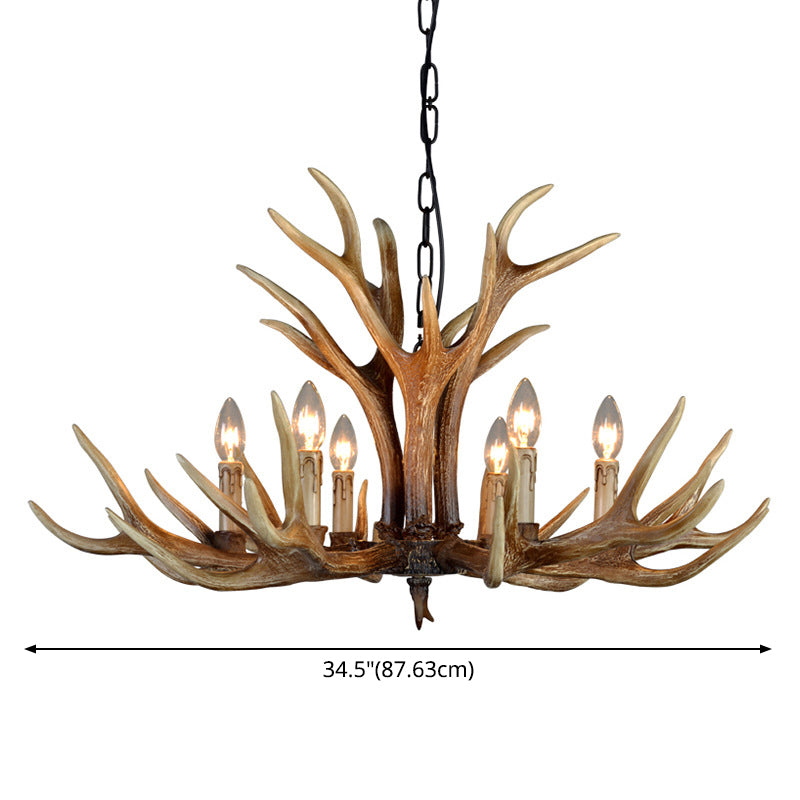 Rustic Brown Resin Antler Chandelier Ceiling Light With Candle Design - Authentic Look