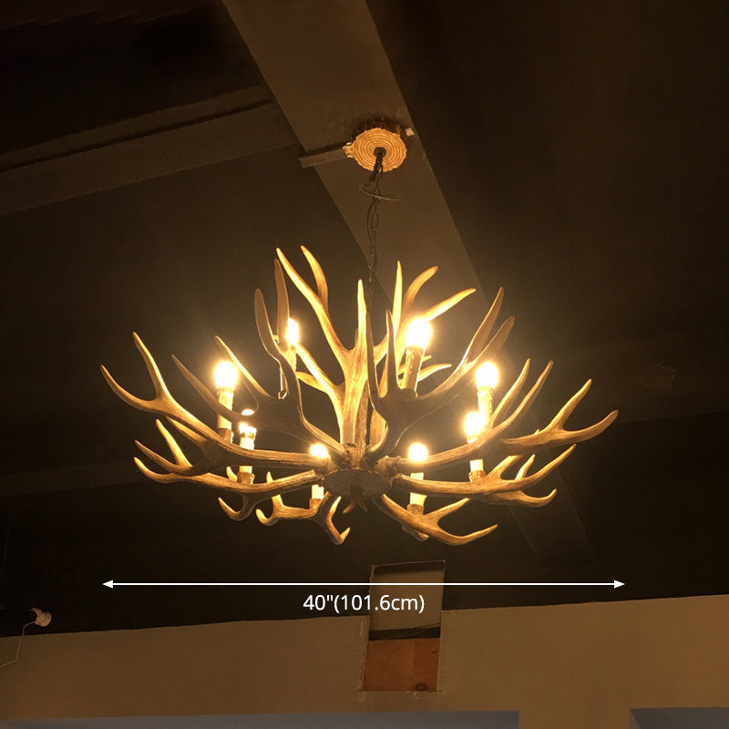 Rustic Brown Resin Antler Chandelier Ceiling Light With Candle Design - Authentic Look