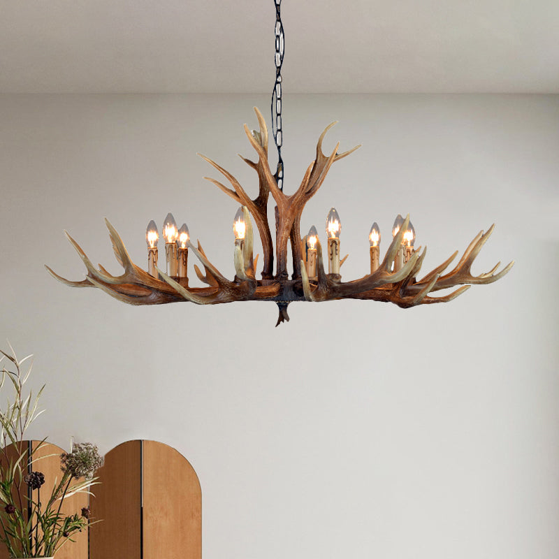 Rustic Brown Resin Antler Chandelier Ceiling Light With Candle Design - Authentic Look