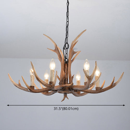 Rustic Brown Resin Antler Chandelier Ceiling Light With Candle Design - Authentic Look