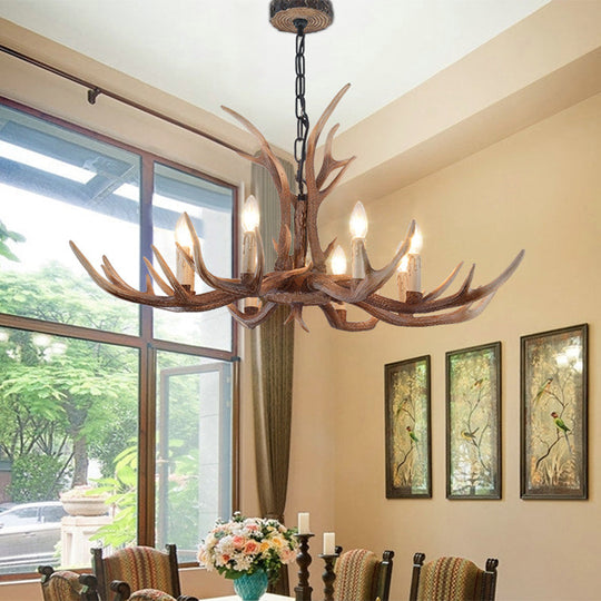 Rustic Brown Resin Antler Chandelier Ceiling Light With Candle Design - Authentic Look