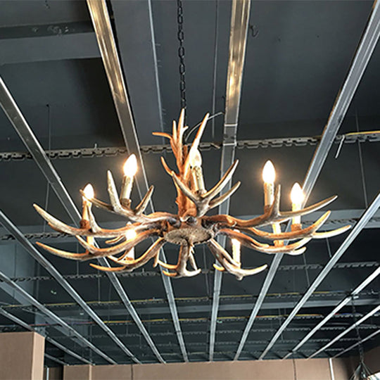 Rustic Brown Resin Antler Chandelier Ceiling Light With Candle Design - Authentic Look