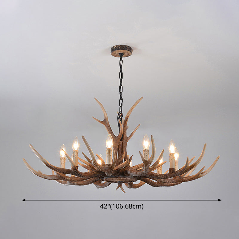 Rustic Brown Resin Antler Chandelier Ceiling Light With Candle Design - Authentic Look