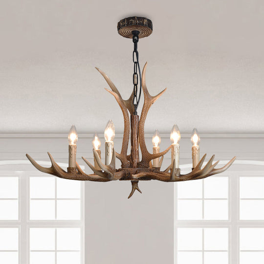 Rustic Brown Resin Antler Chandelier Ceiling Light With Candle Design - Authentic Look