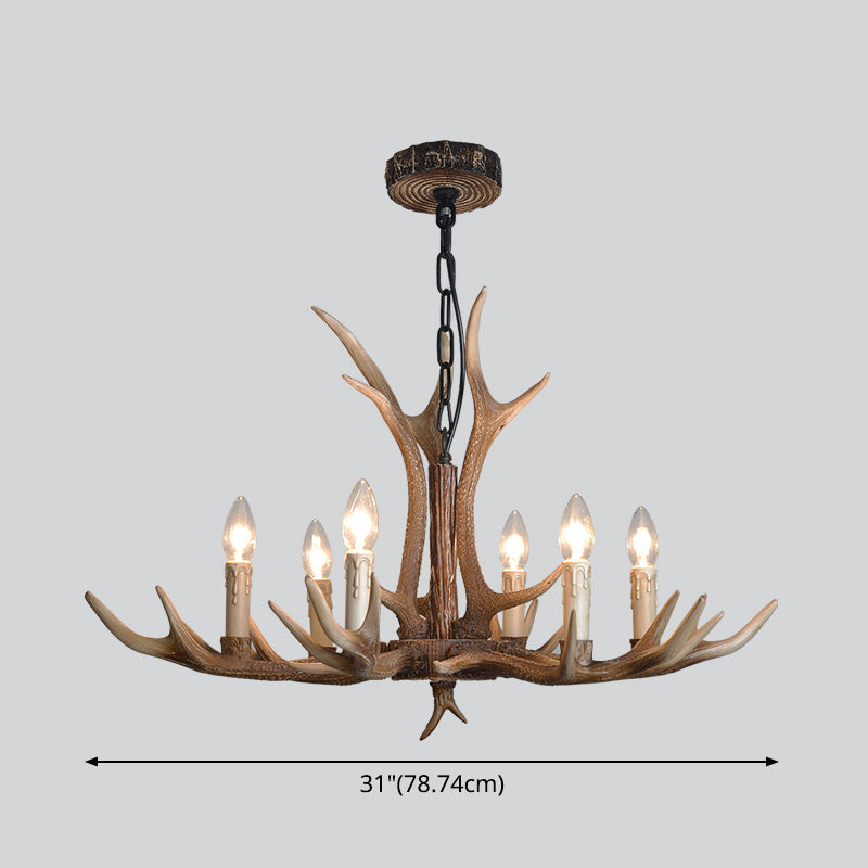 Rustic Brown Resin Antler Chandelier Ceiling Light With Candle Design - Authentic Look