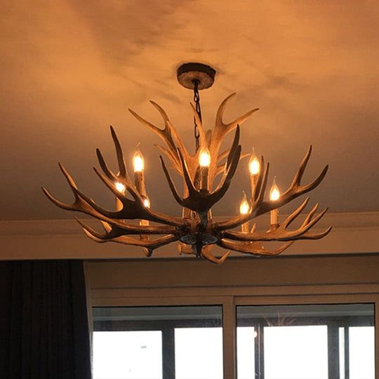 Rustic Brown Resin Antler Chandelier Ceiling Light With Candle Design - Authentic Look