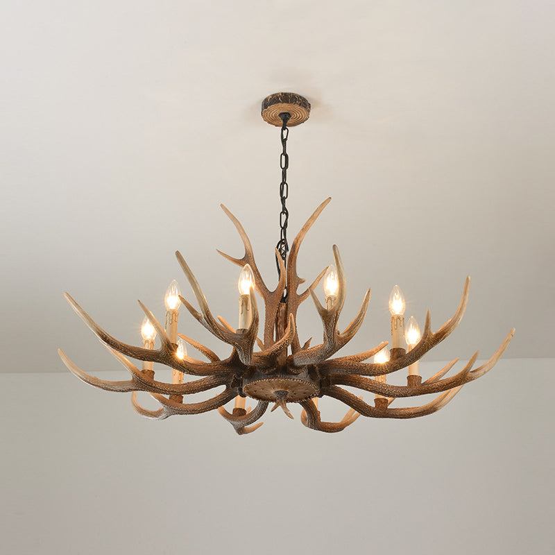 Rustic Brown Resin Antler Chandelier Ceiling Light With Candle Design - Authentic Look