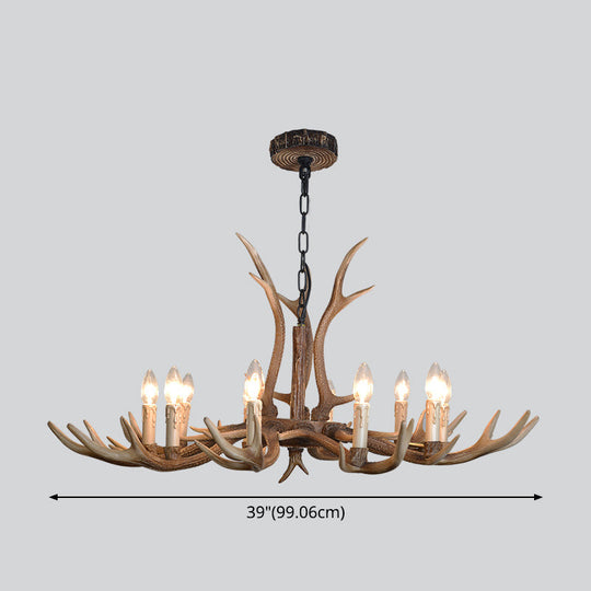 Rustic Brown Resin Antler Chandelier Ceiling Light With Candle Design - Authentic Look