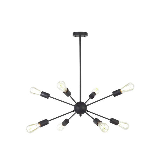 Metallic Sun Burst Industrial Chandelier With Bare Bulb Pendant Fixture 8 / Black