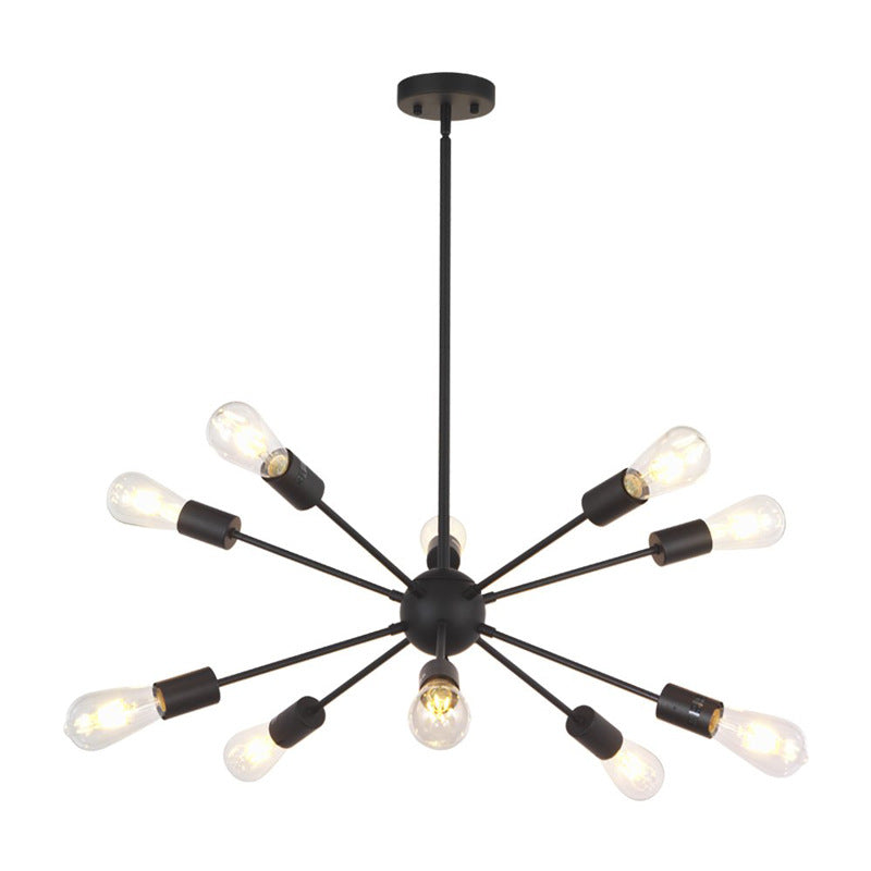 Metallic Sun Burst Industrial Chandelier With Bare Bulb Pendant Fixture 10 / Black