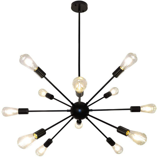 Metallic Sun Burst Industrial Chandelier With Bare Bulb Pendant Fixture 12 / Black