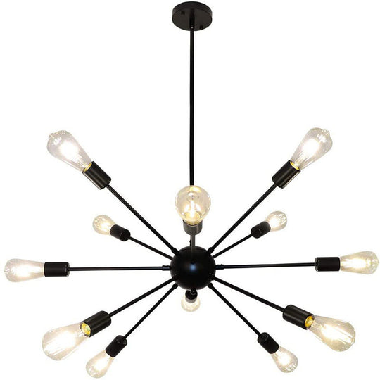 Metallic Sun Burst Industrial Chandelier With Bare Bulb Pendant Fixture