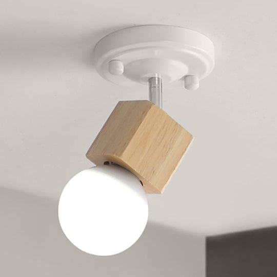 Retro Metal and Wood Exposed Ceiling Mounted Light - White Finish | 1 Head Adjustable Semi Flush Light for Balcony