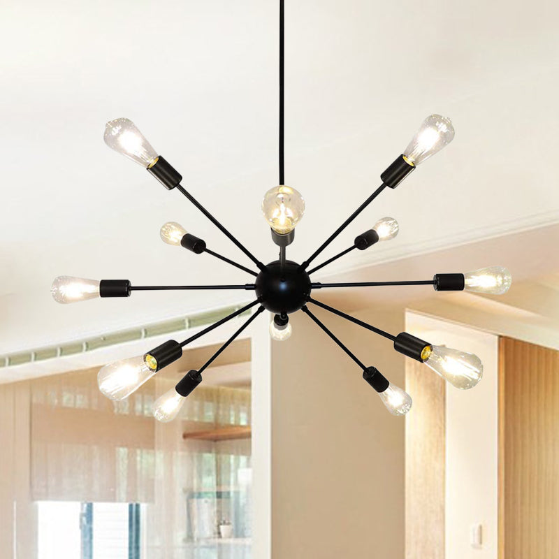 Metallic Sun Burst Industrial Chandelier With Bare Bulb Pendant Fixture