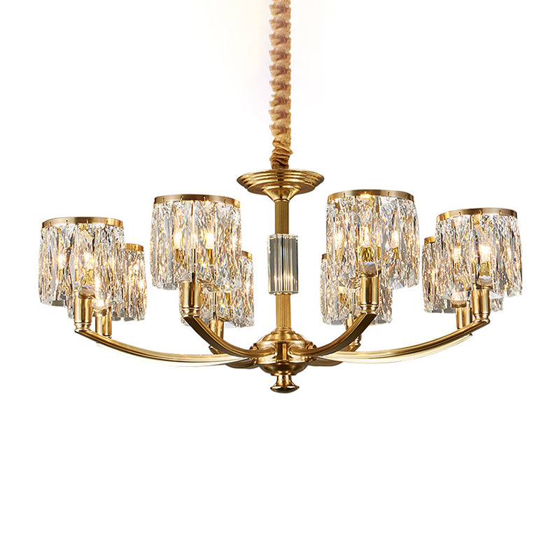 Modern Metal Chandelier With Brass Arced Arm And Prismatic Crystal Shade 8 /