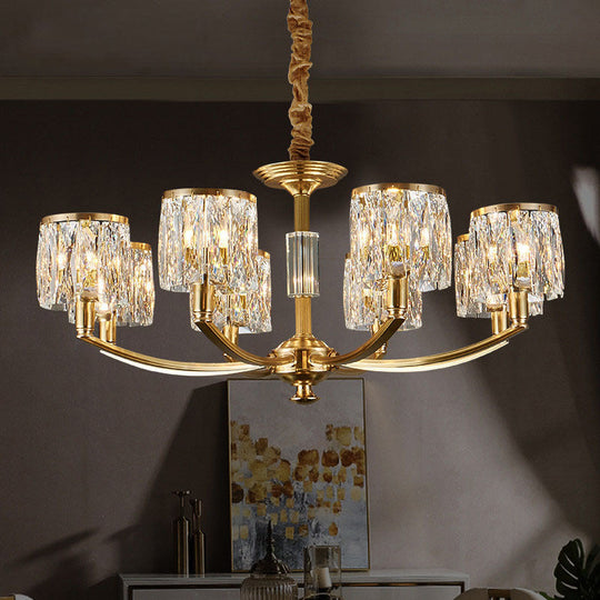 Modern Metal Chandelier With Brass Arced Arm And Prismatic Crystal Shade